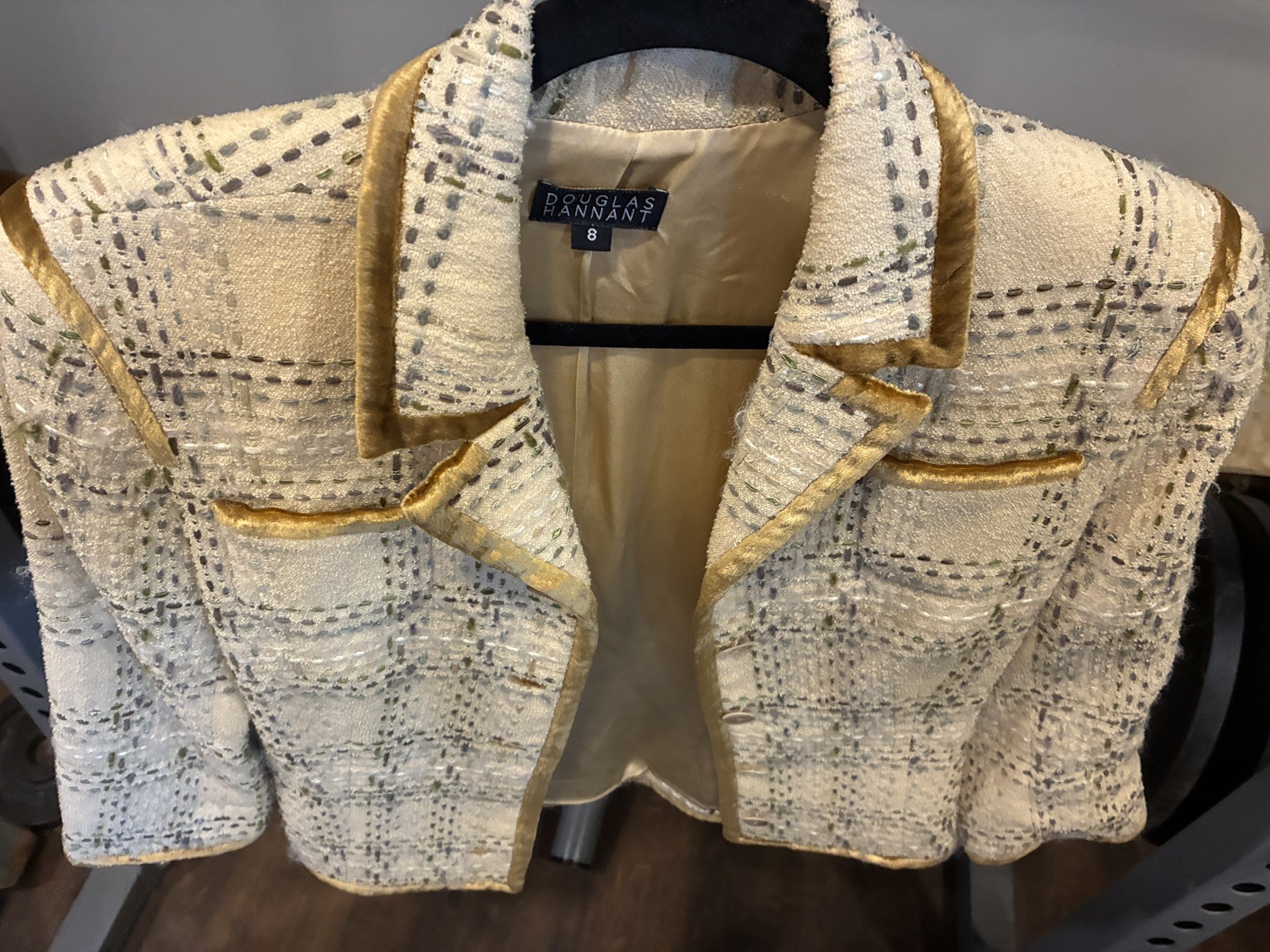 Douglas Hannant Vintage Cream Gold Tweed Blazer Jacket Velvet Trim USA Sz 8