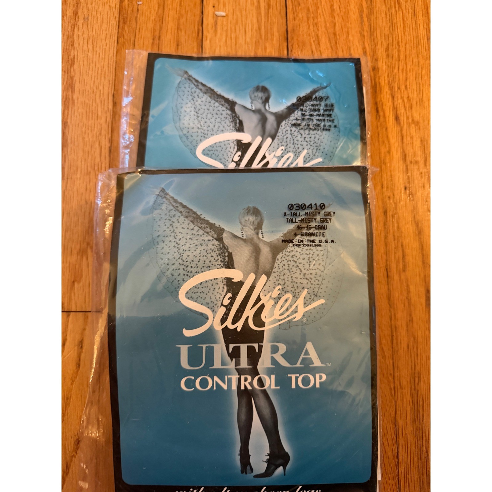 Vintage Silkies Ultra Control Top Pantyhose 2 Pair Misty Grey Navy Blue X-Tall