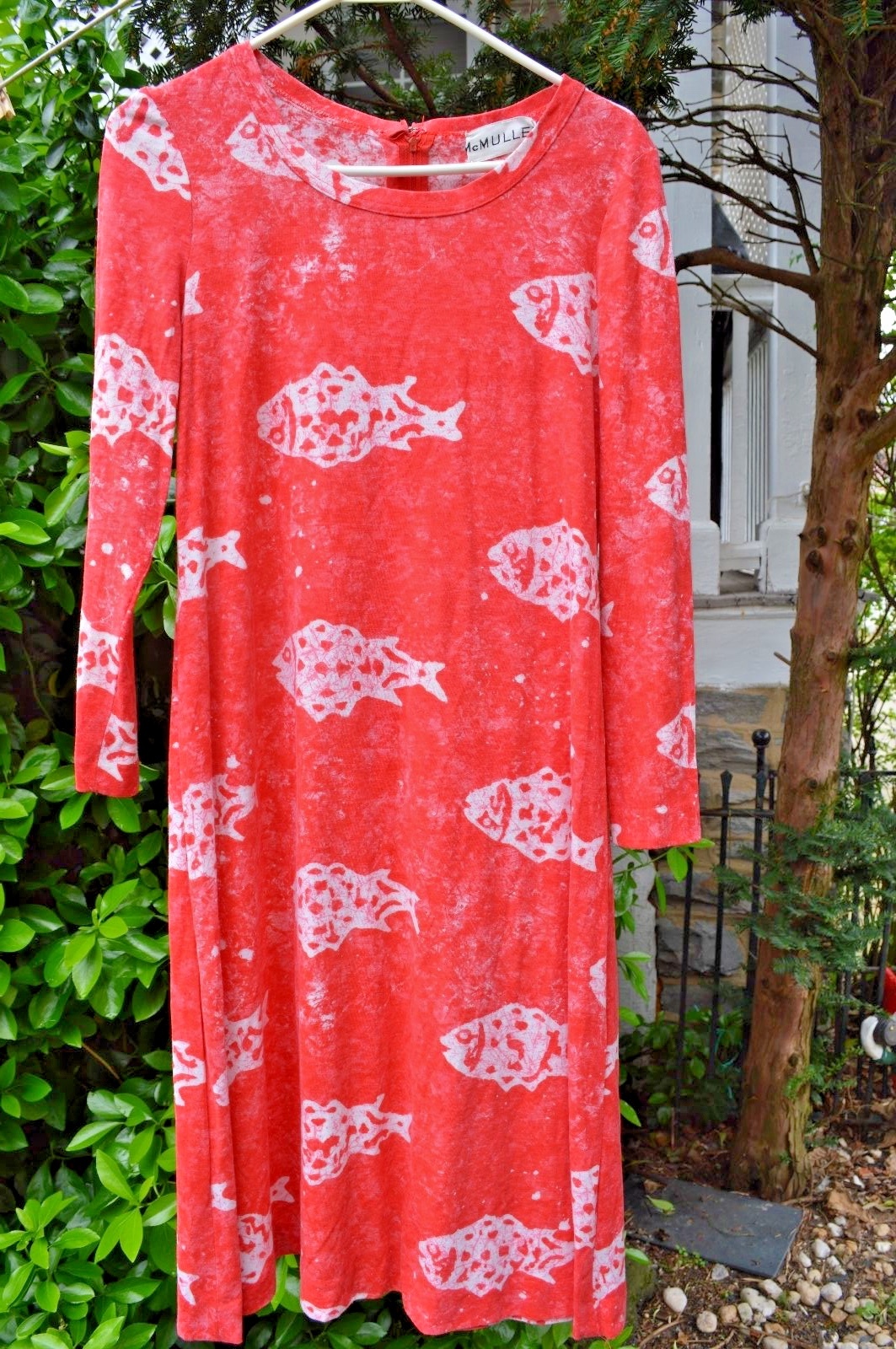 Vintage McMullen Dress Cotton Batik Fish Print Long Sleeve Zipper Back