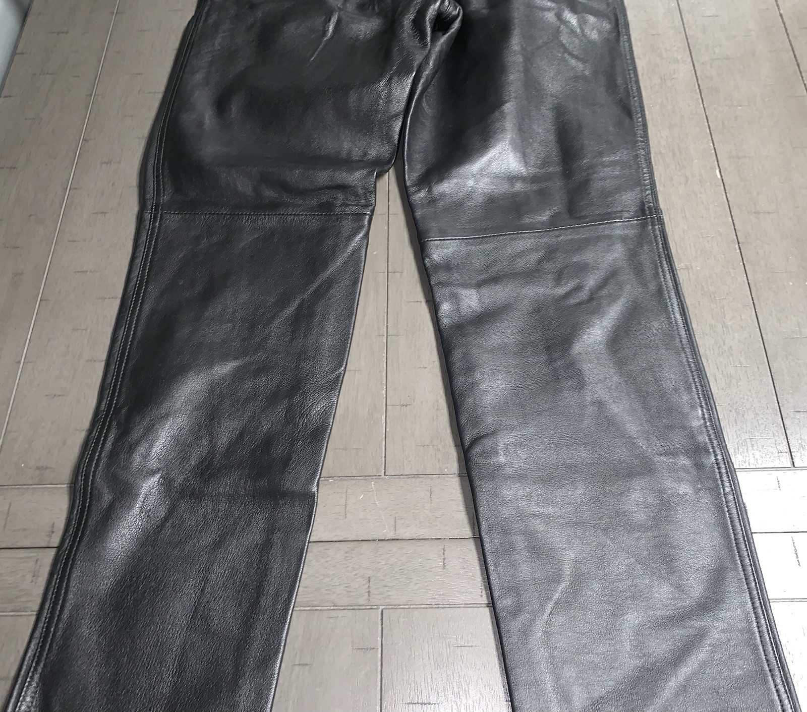 B1 Y2K CANDA C&A BLACK SOFT LEATHER PANTS SZ 4 RAW HEM BOOTCUT MOTORCYCLE 24×31”