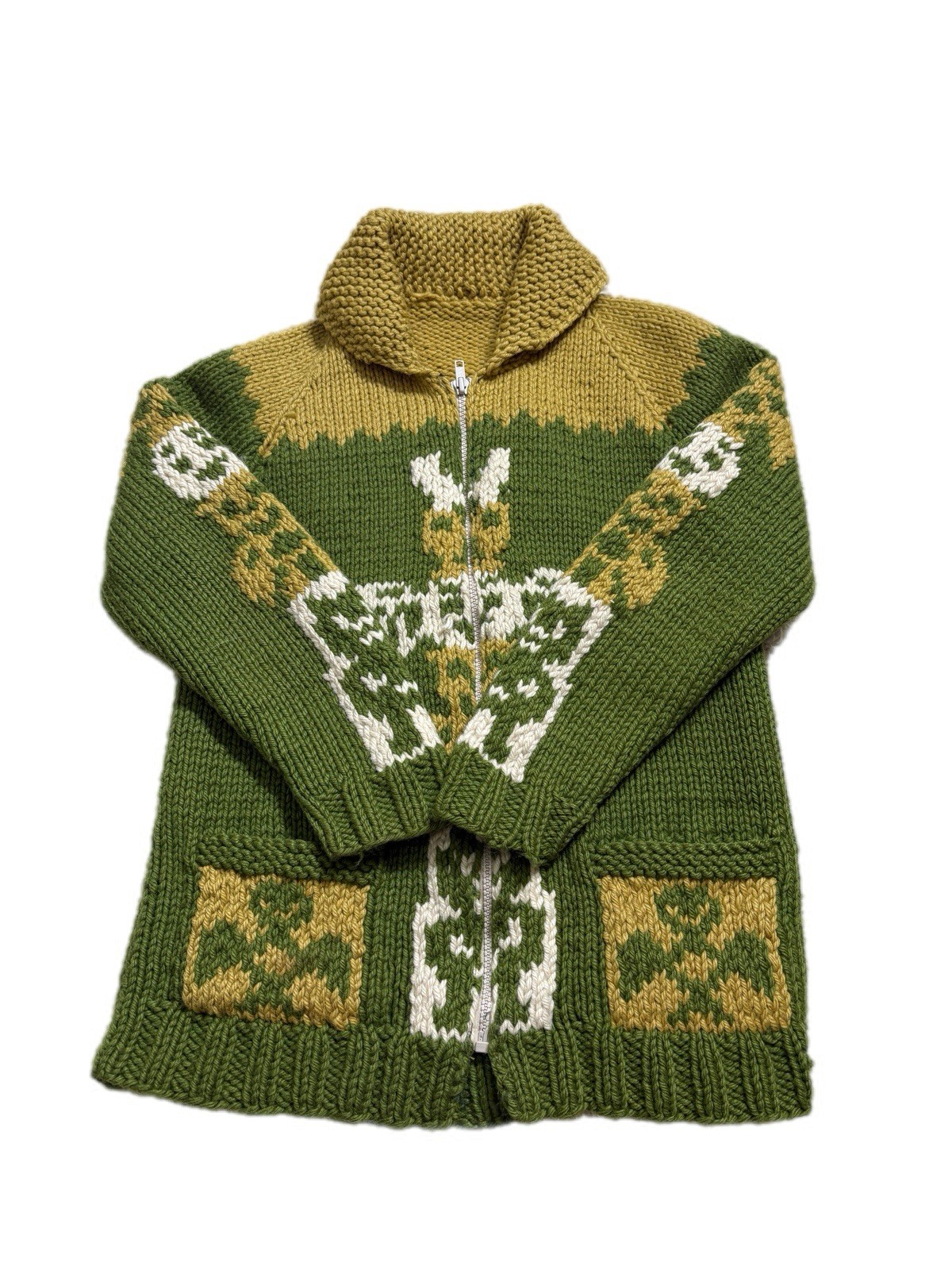 Vintage 50’s Cowichan Sweater Womens S Green Totem Alaska Warm Heavy Cardigan