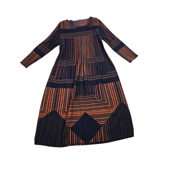 Vtg striped micro pleated long sleeve lagenlook art to wear dress Korea japan