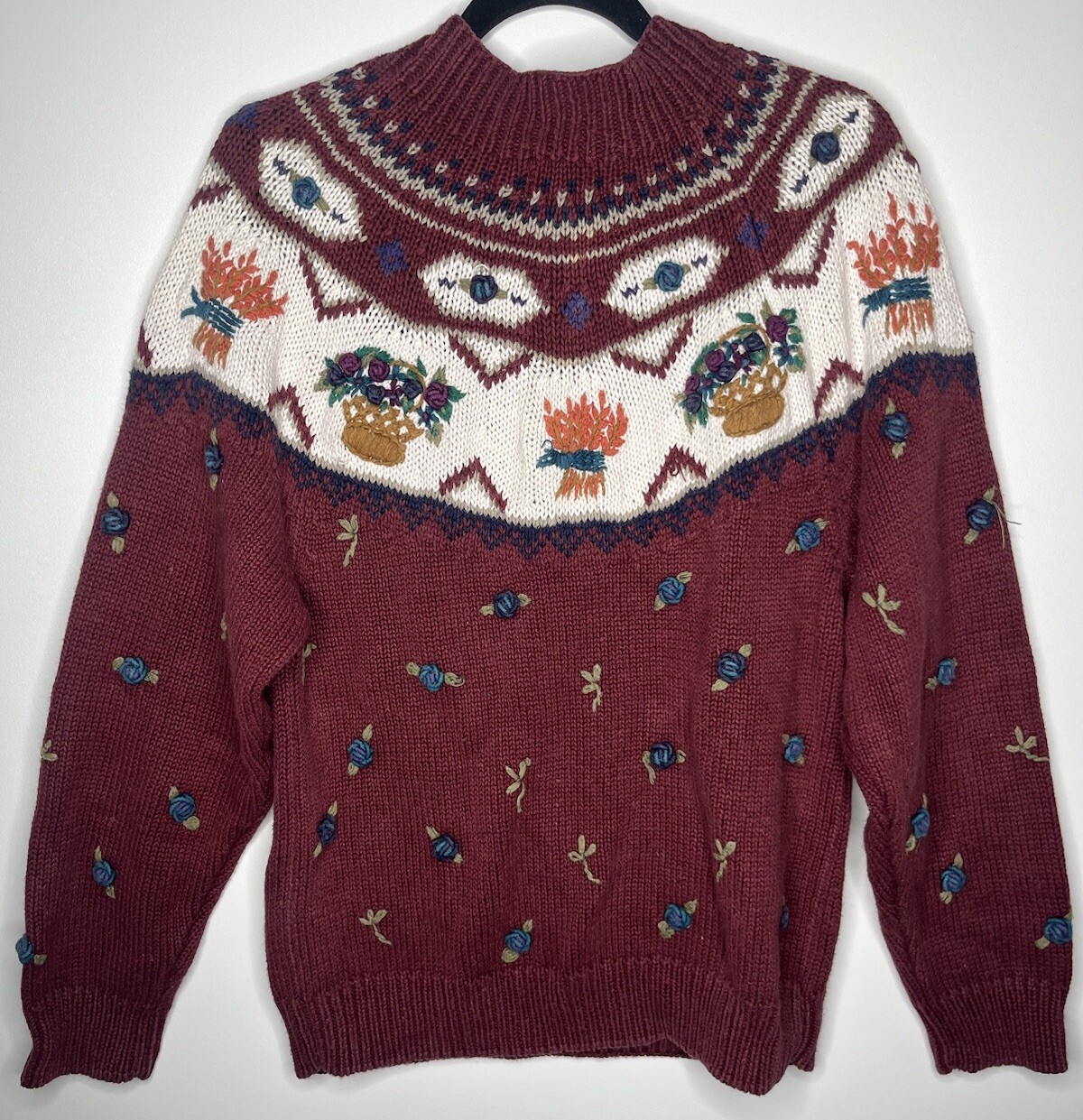 Van Heusen Hand Knitted For Her Floral Sweater Burgundy Size Small Vintage