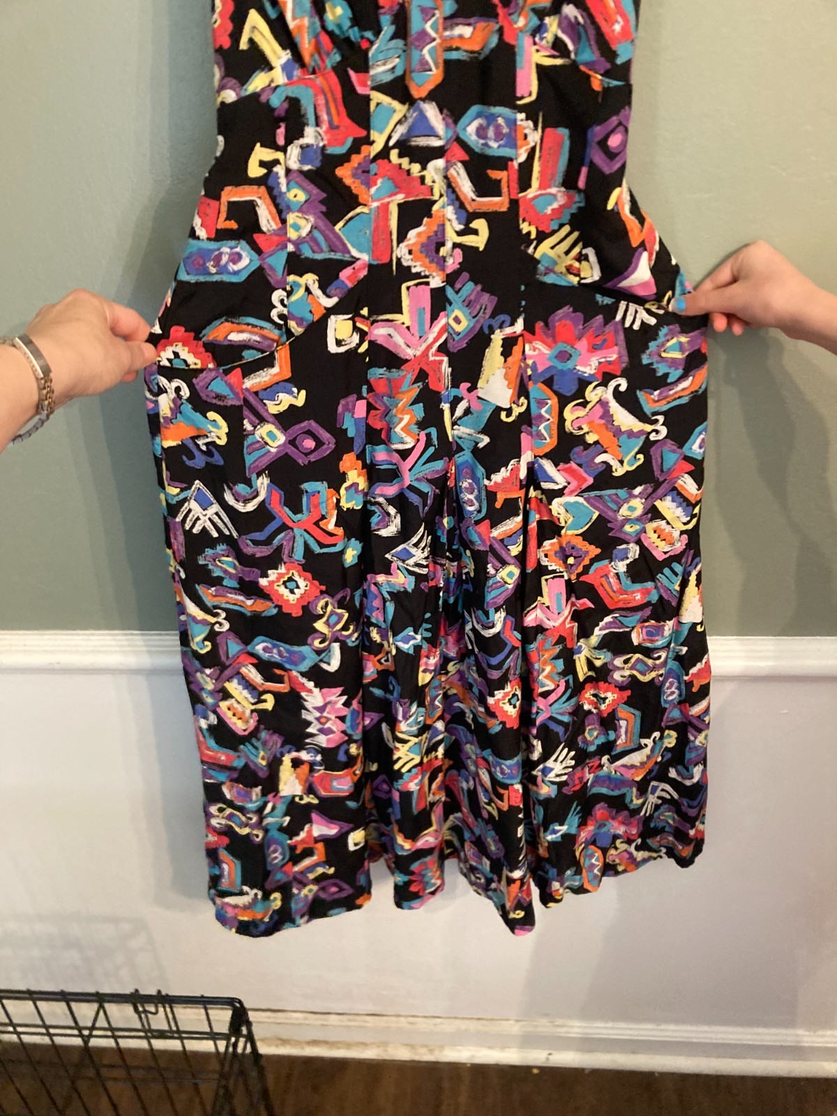 Bold Geometric Vintage Print Cross Back Strap Overall-Type Fitted Bust Dress