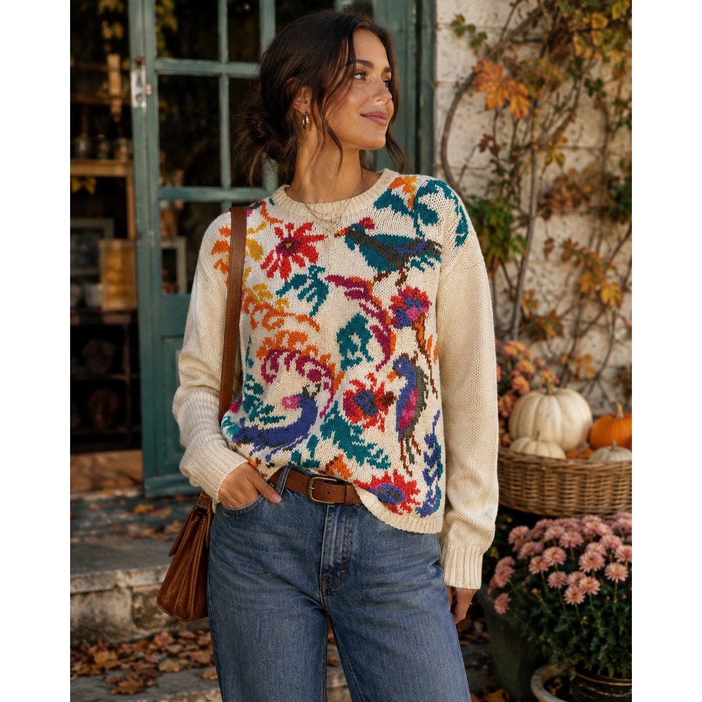 Vintage Kitty Hawk Vivian Wang Bird Floral Knit Retro Boho Whimsy Sweater Sz M