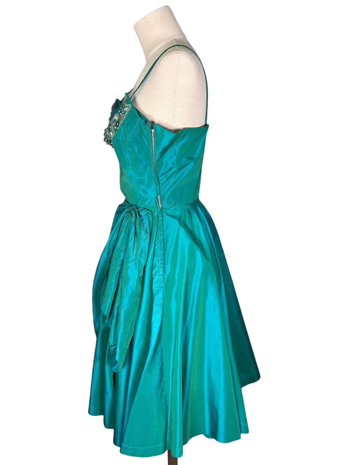 1950s Vintage Fred Perlberg Aqua Satin Cocktail Dress With Beaded Crumb Catcher