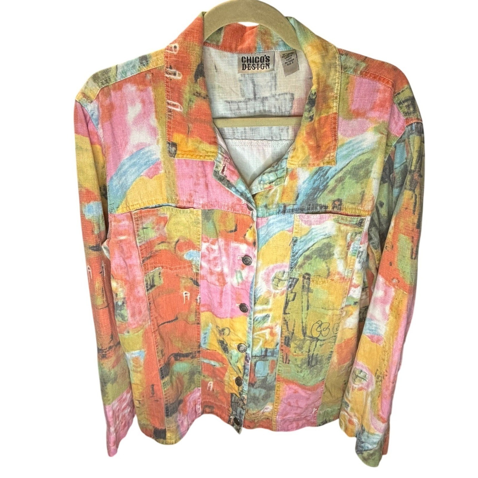 Vintage Chico’s Design Jacket Womens 2 Multicolor 90s Abstract Art Linen Cotton