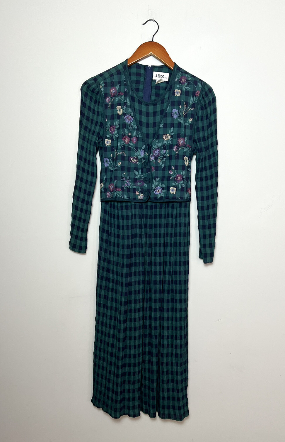 Vintage 80s 90s Plaid Floral Dress Green Pink Long Sleeves Church Sz 10P