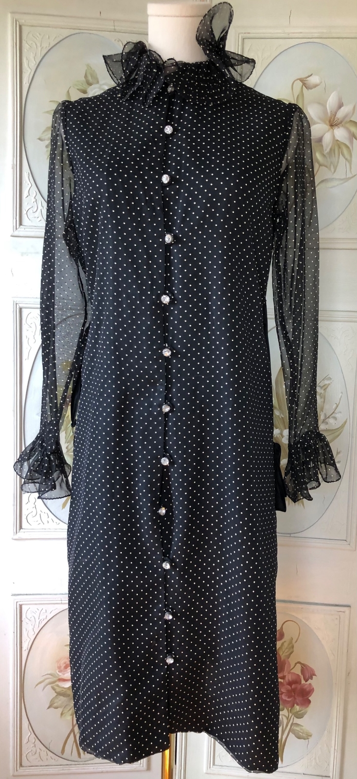 VTG 70s MARITA ANTHONY MUTO BLACK WHITE POLKA DOT RUFFLE COLLAR DRESS CHIFFON