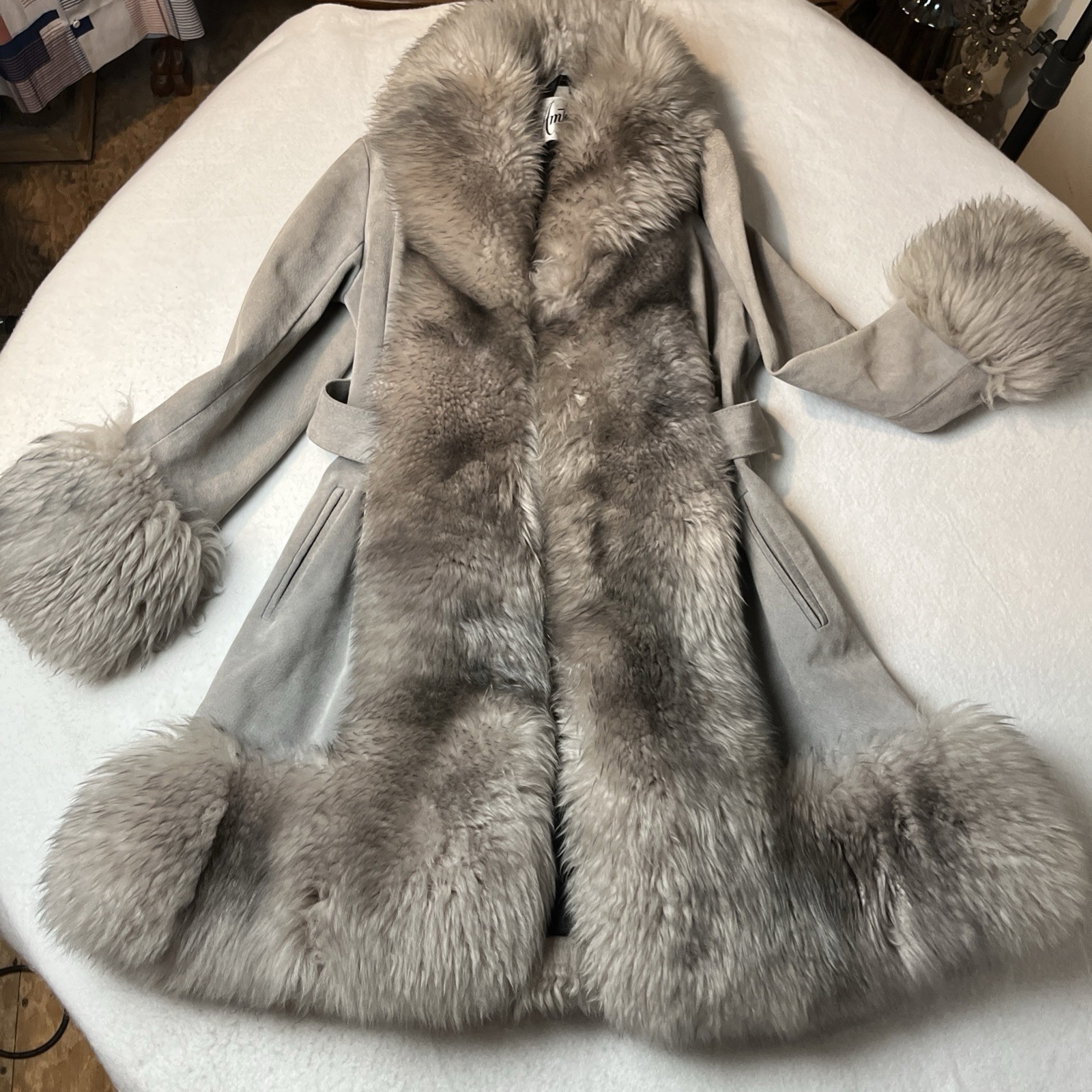 Vtg 1970’s XS-S Gray Leather Princess Coat Lamb FUR TRIM POCKETS
