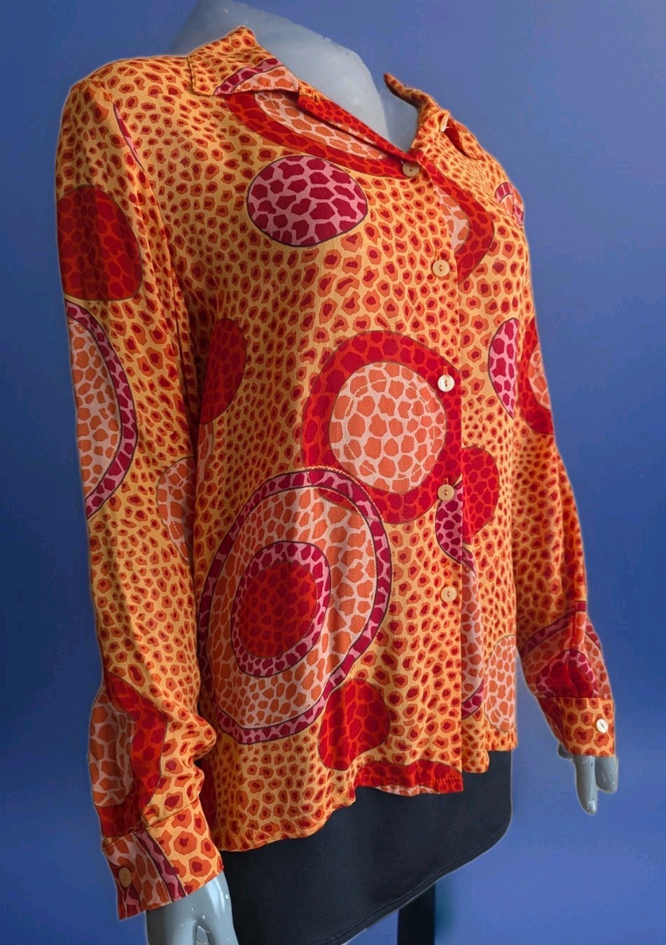 VTG Ilyse Hart Ltd Orange Rayon Button Down Shirt w/Psychedelic Bubble Print M