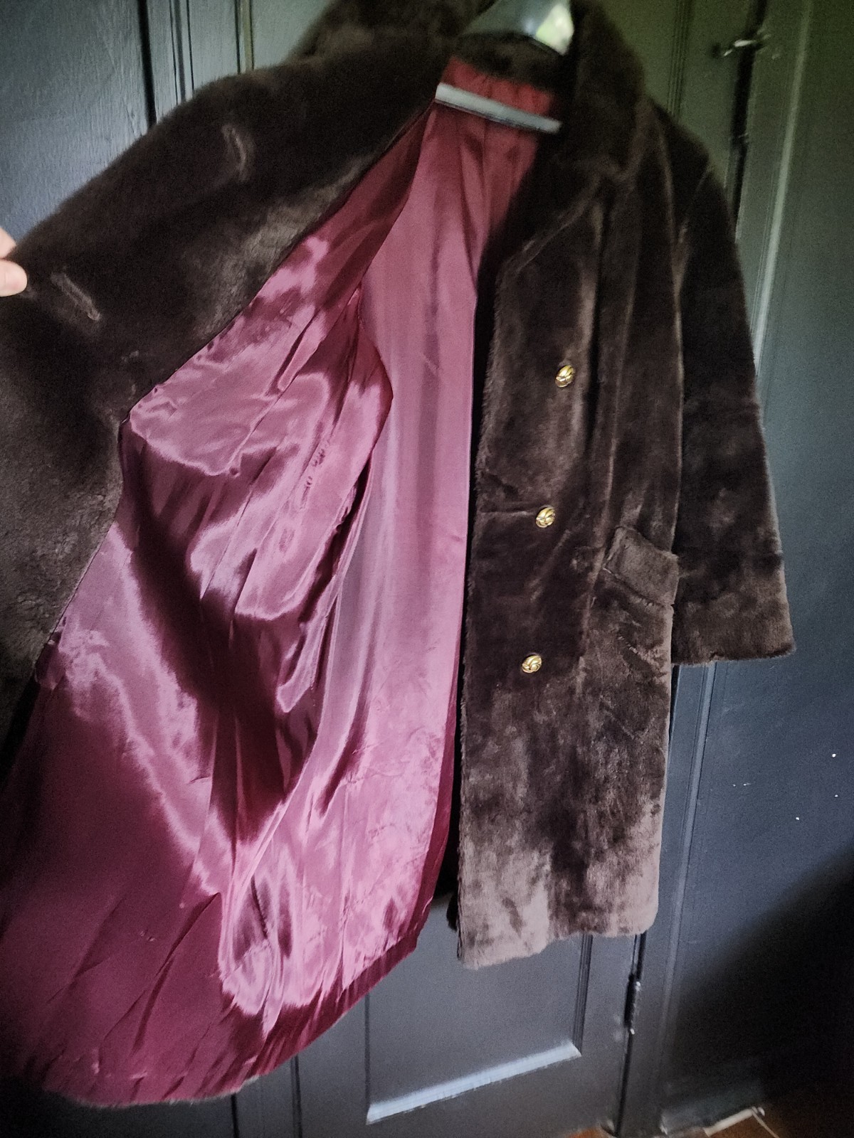 Vintage Faux Fur Brown Carpet Coat Wine Lining Long Plus Size XXL