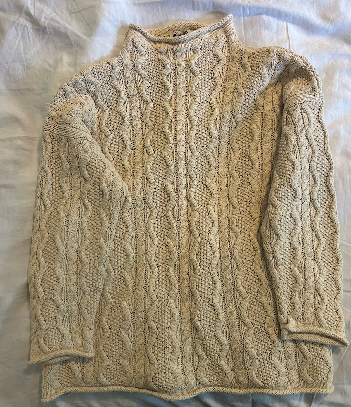 90’s Eddie Bauer Cream Cotton Cable Knit Fisherman Sweater Small