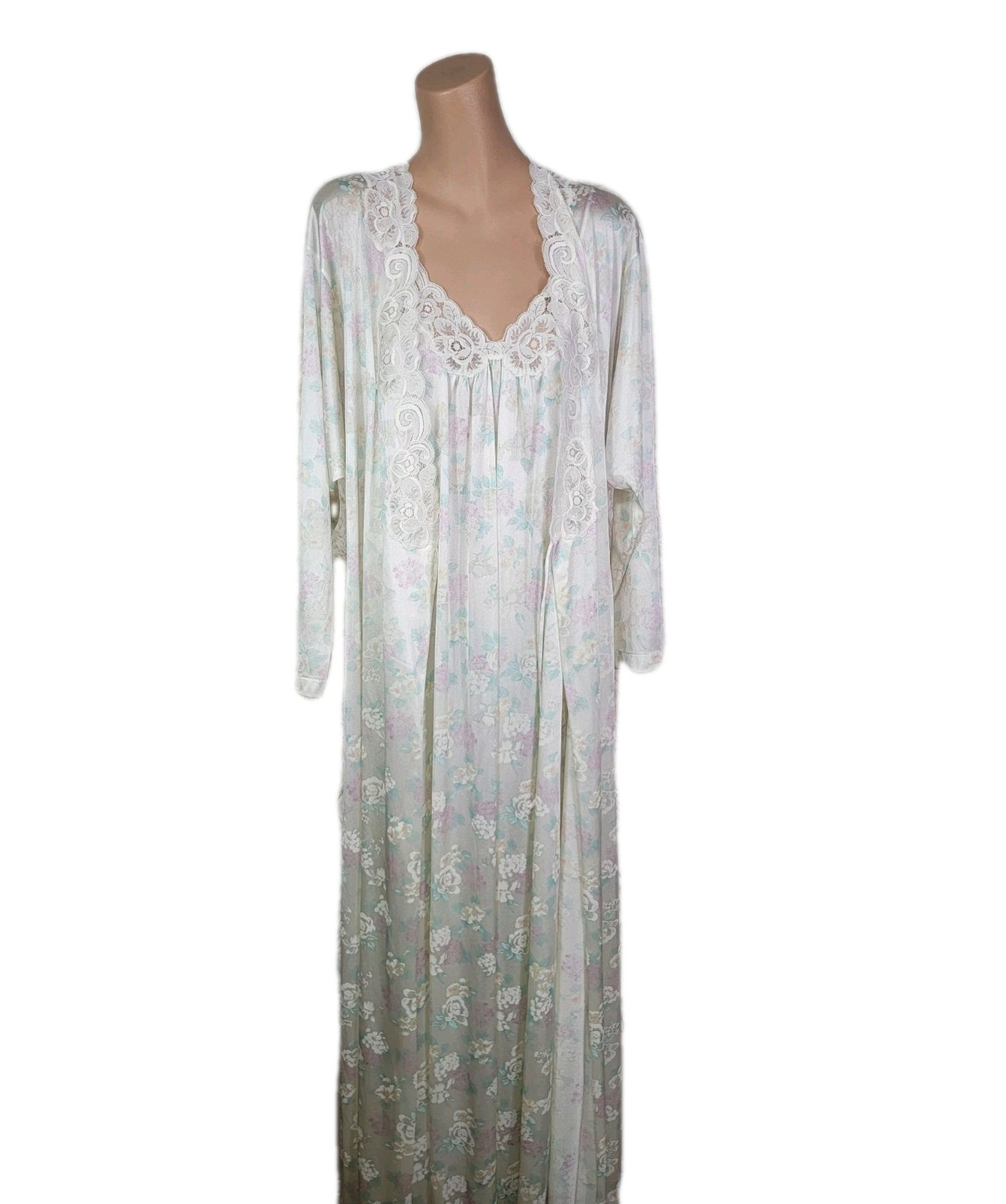 Vtg Vanity Fair Nightgown Peignoir Robe Set Size M Tricot White Lace Floral O