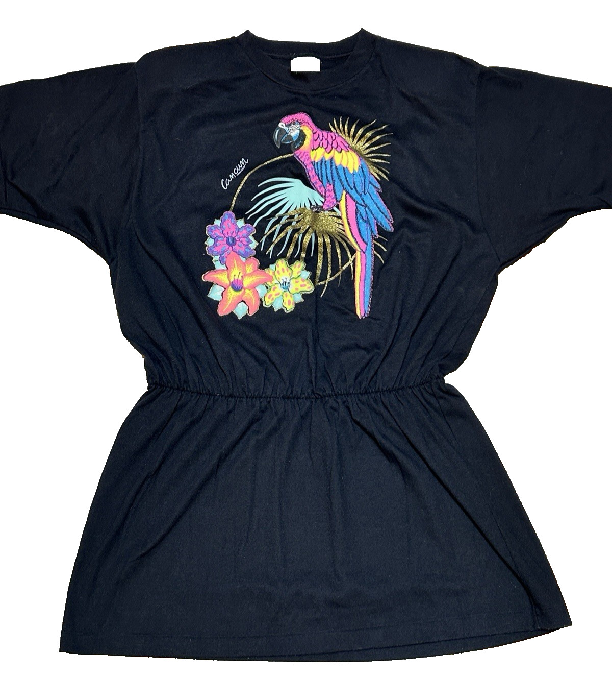 Vintage Cancun Parrot Tee Dress Art Style Black Cinched Waist Vibe Beach