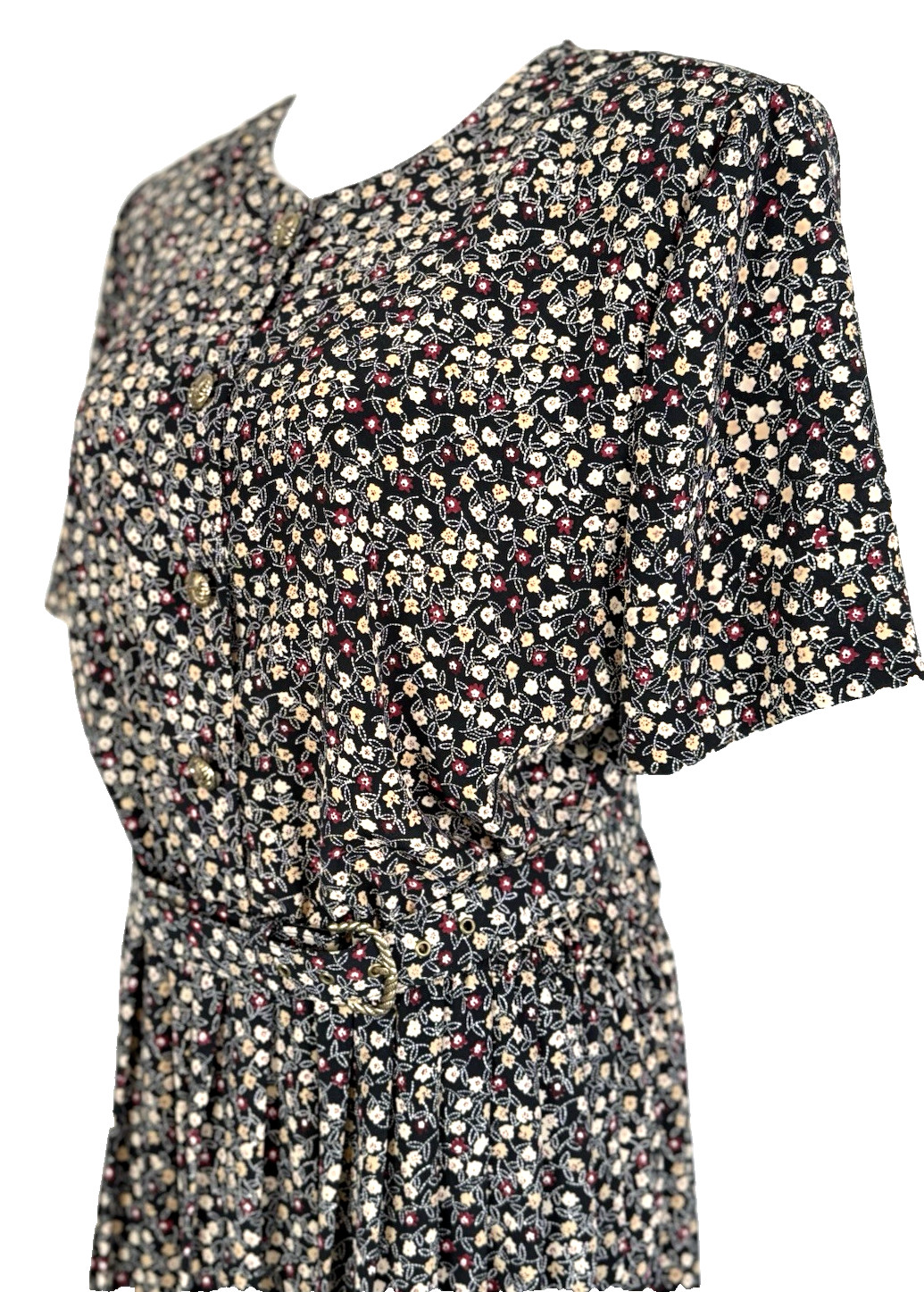 Leslie Fay Womans Size 14 Dress Floral Black Vintage Belted Midi Classic Modest