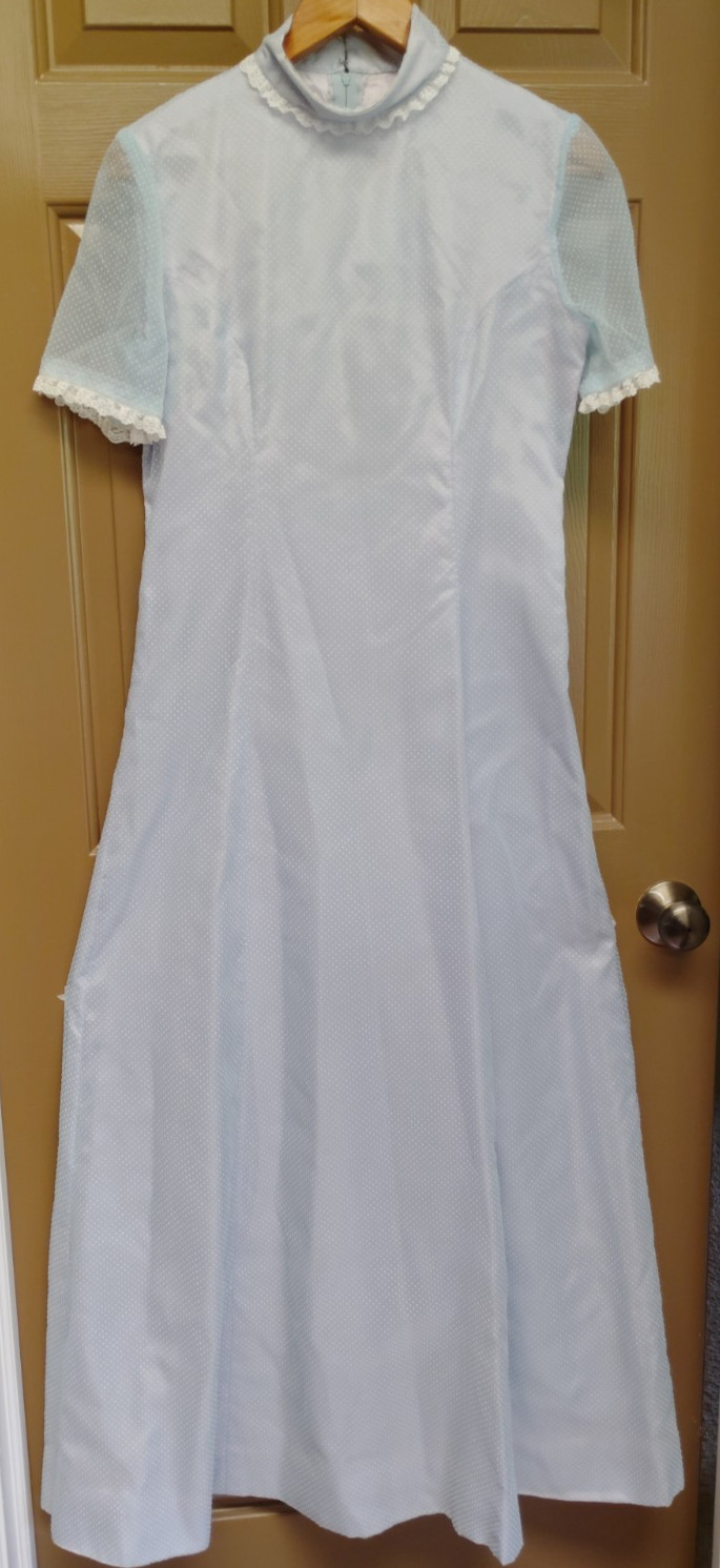 Vintage 70’s Handmade Blue Swiss Dot Maxi Dress Prairie Cottagecore Lace Sz S