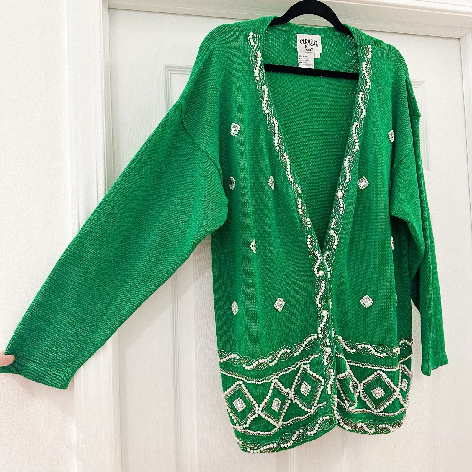 Cervelle Vintage Beaded Pearl Embellished V Neck Cardigan Sweater Kelly Green
