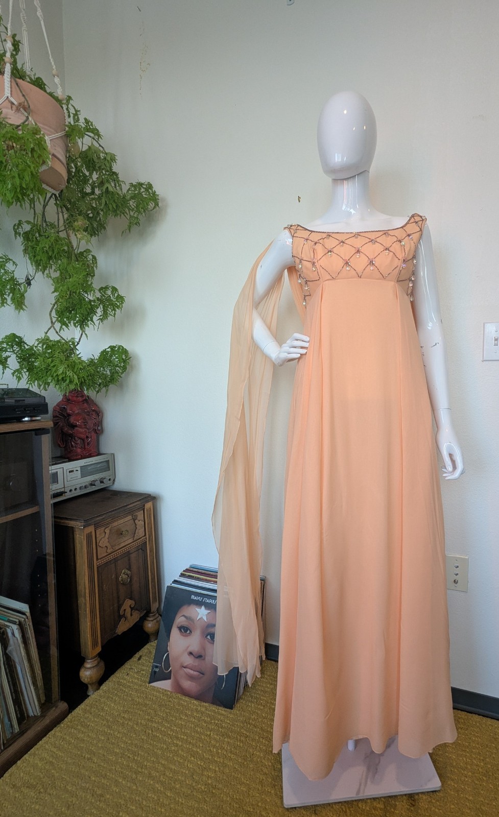 Vintage 60s Union Made Gown Peach Chiffon Dress Sz Small