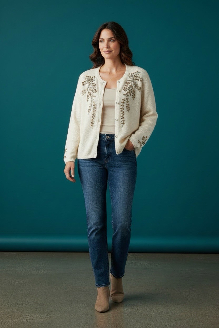vintage Karen Scott Evening cream cardigan gold beaded Size 1X Silk Blend