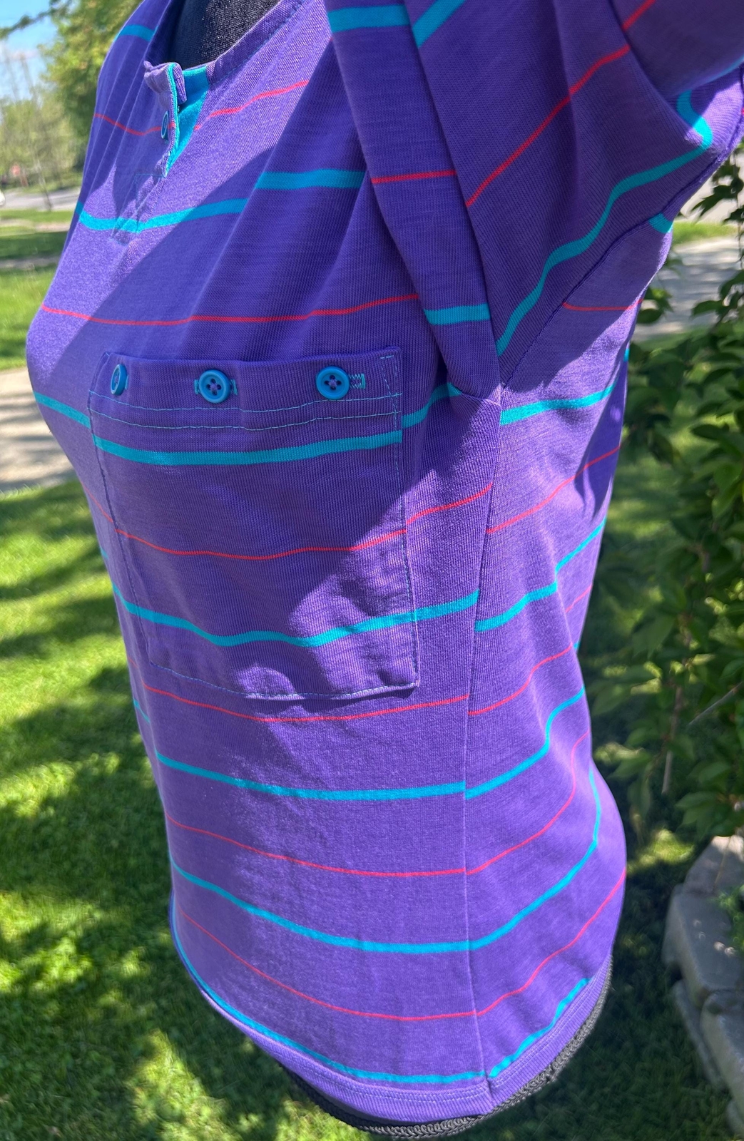 Vtg Chesterfield 80s Bracelet Sleeve Purple Blue Pink Stripe Shirt Small