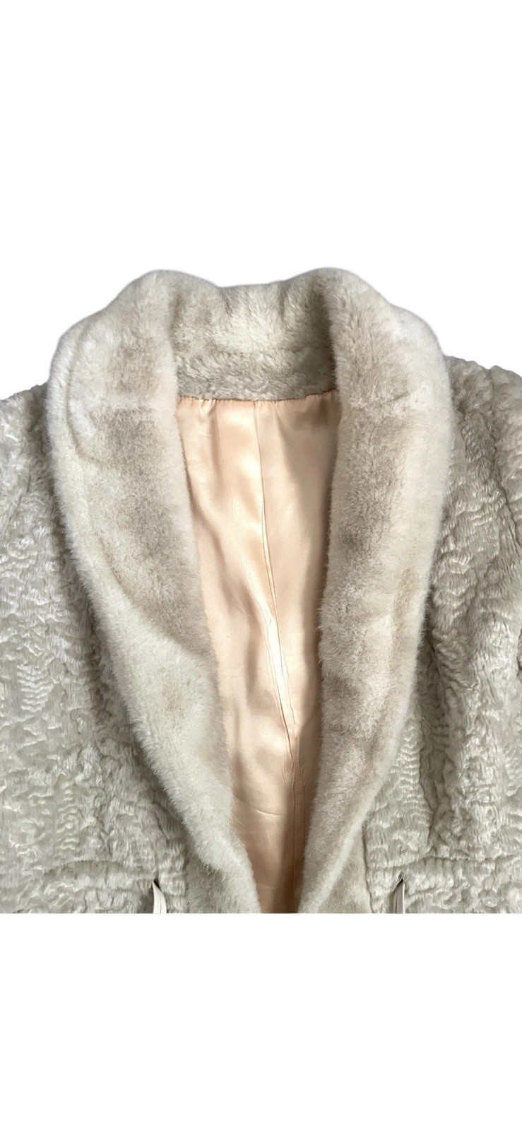 Vtg 60s 70s Faux Fur Mink Lamb Shawl Collar Coat Jacket Cream Union Made ILGWU