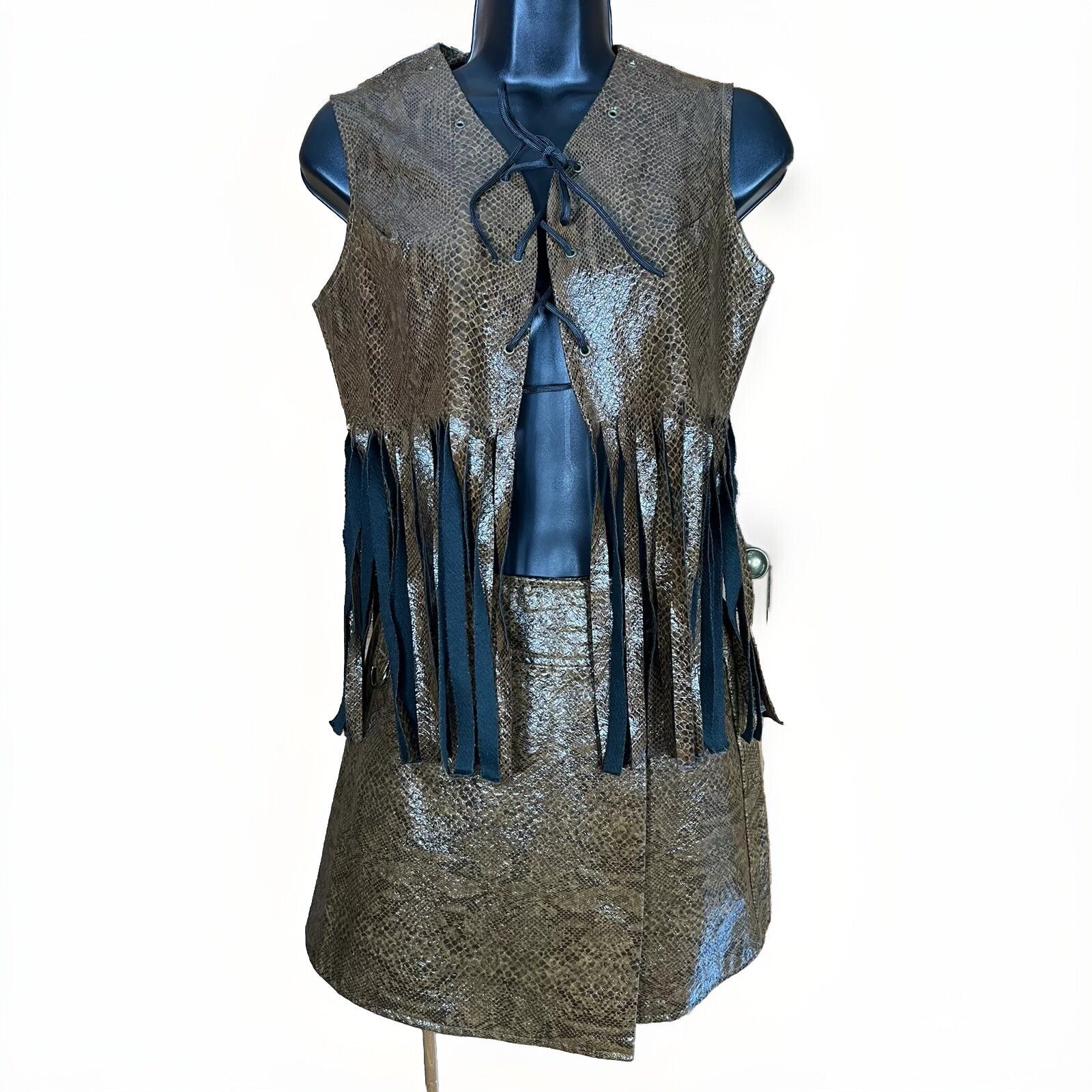 Vintage 60s Snake Leather Fringe Set Mini Skirt Cropped Top GOGO Goth Mod RARE