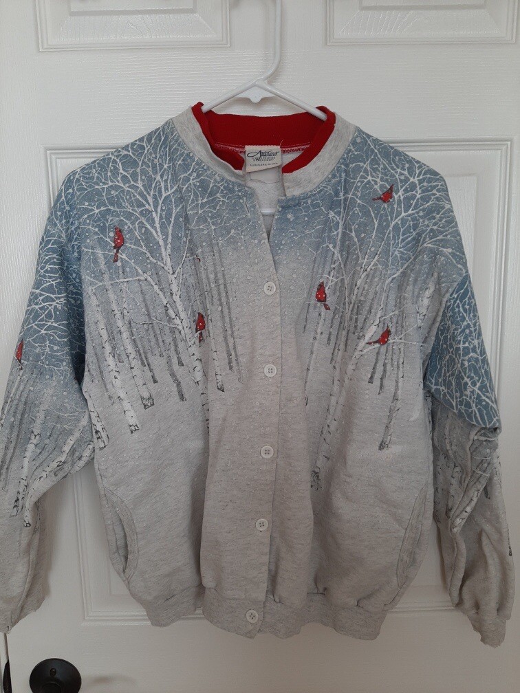 Vintage Artisans Sunschein Designs Winter Cardinals Button Up Sweatshirt *READ*
