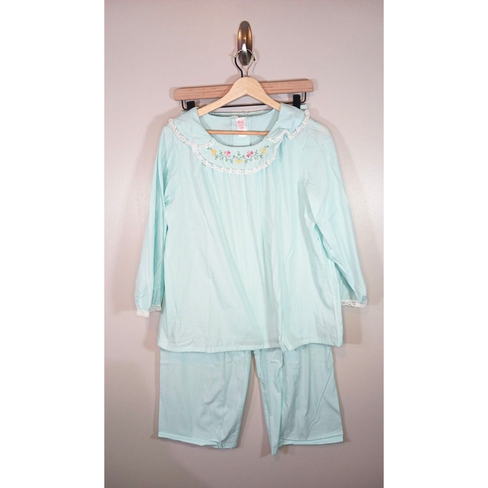 Vintage Sears Pajama Set Blue Floral Embroidered Lace 2 Piece Women 38