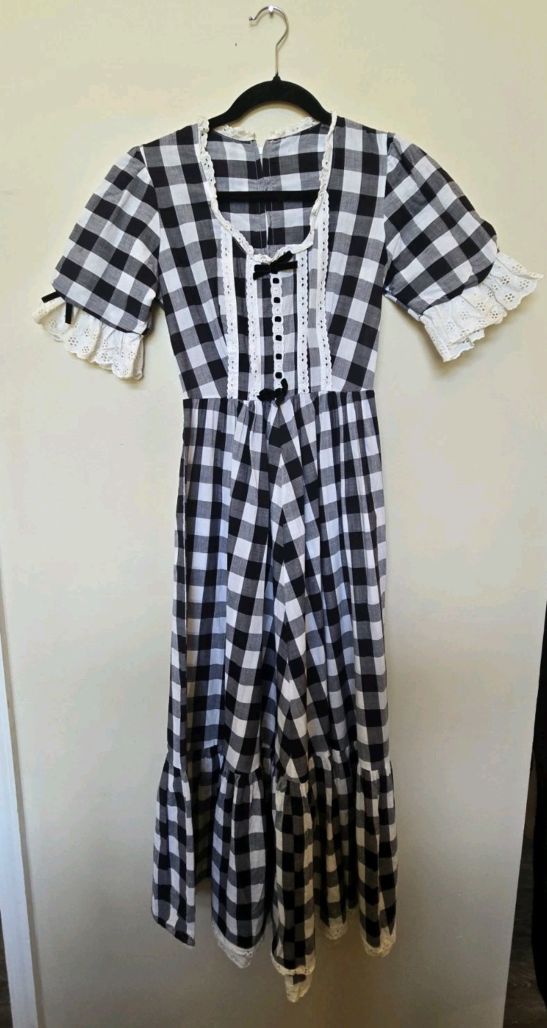 Vintage Womens Gingham Check Dress Eyelet Black White Dainty Sz Xs S 4 Prarie