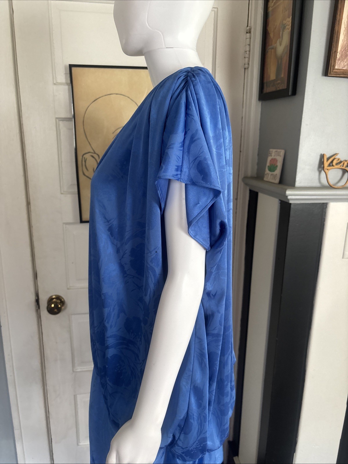 80s RICCARDO Drop Waist Dress Blue Size 16.5 USA made Silky Floral Shoulder Pads