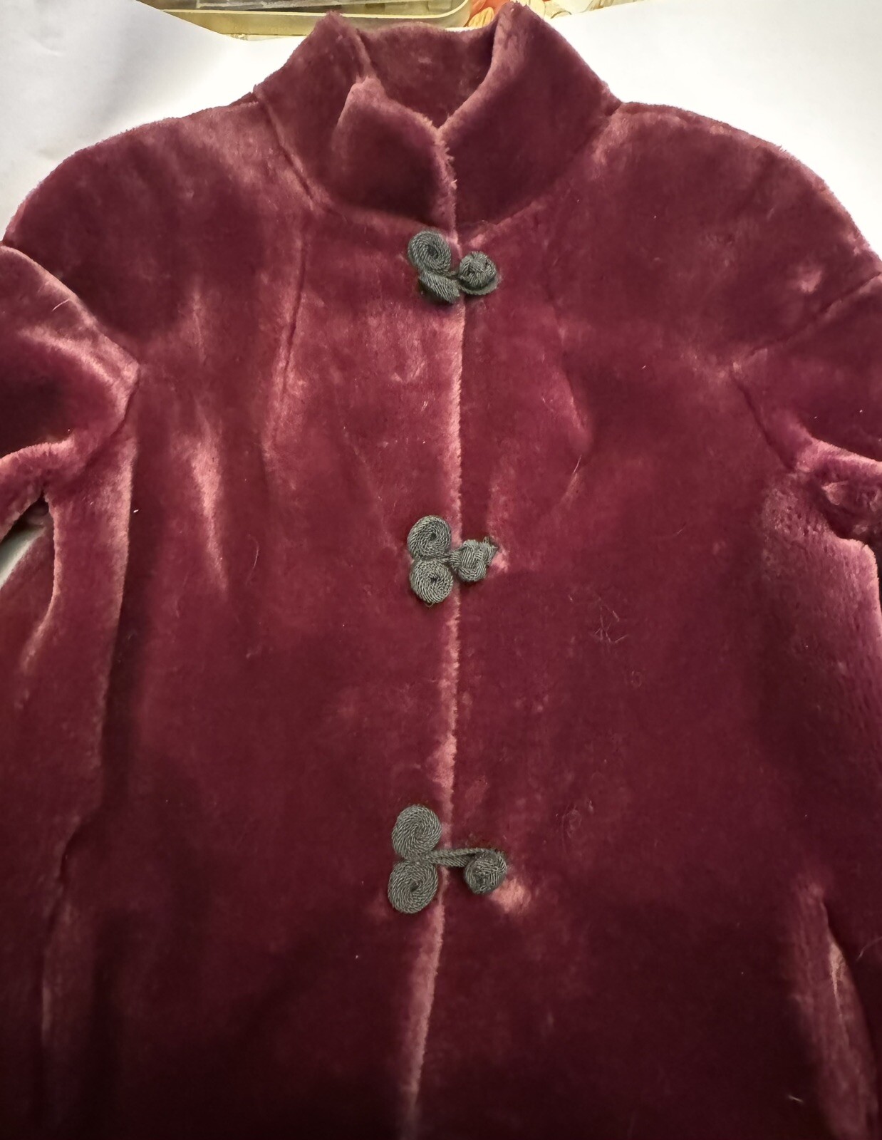 Vintage Women’s 1980s 90s Faux Fur Coat Satin Lined Corded Buttons Wine Plum