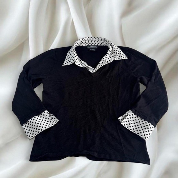 Elementz polkadot collared babydoll long sleeve top office siren Y2K vintage