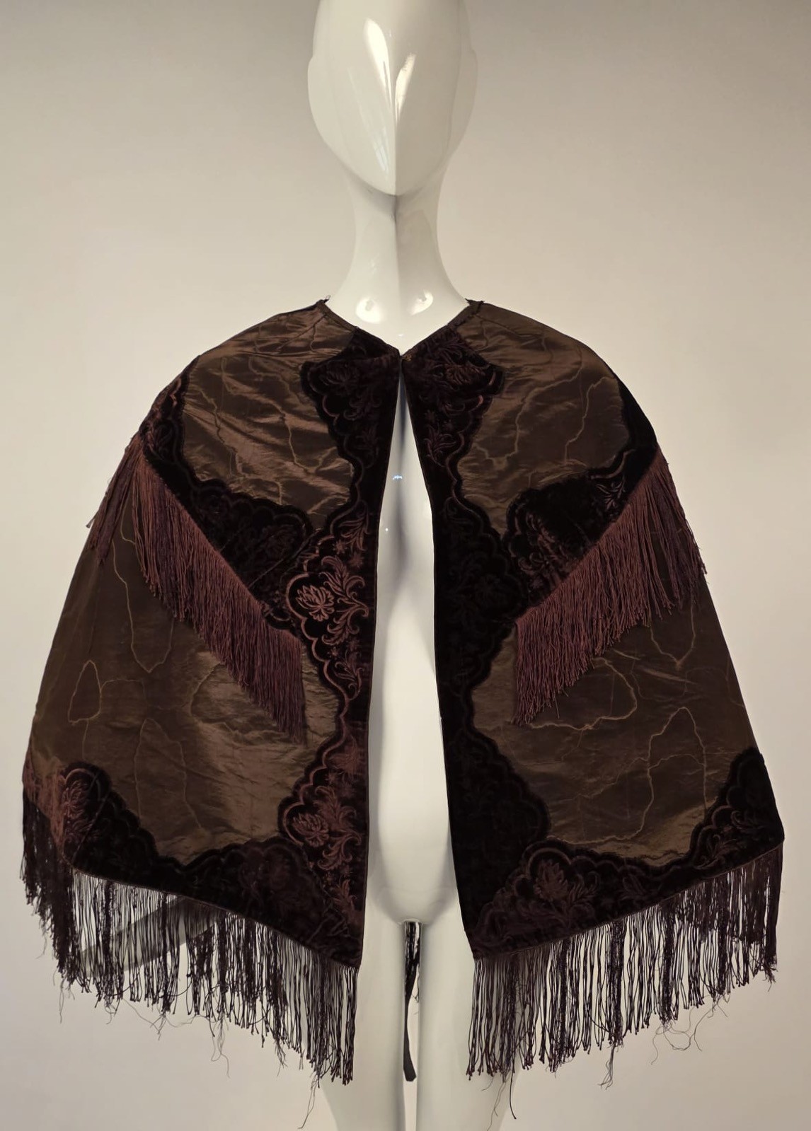 CIVIL WAR 1860’S WATERED SILK MOIRE + SCULPTED VELVET CAPE W FRINGE FOR DRESS