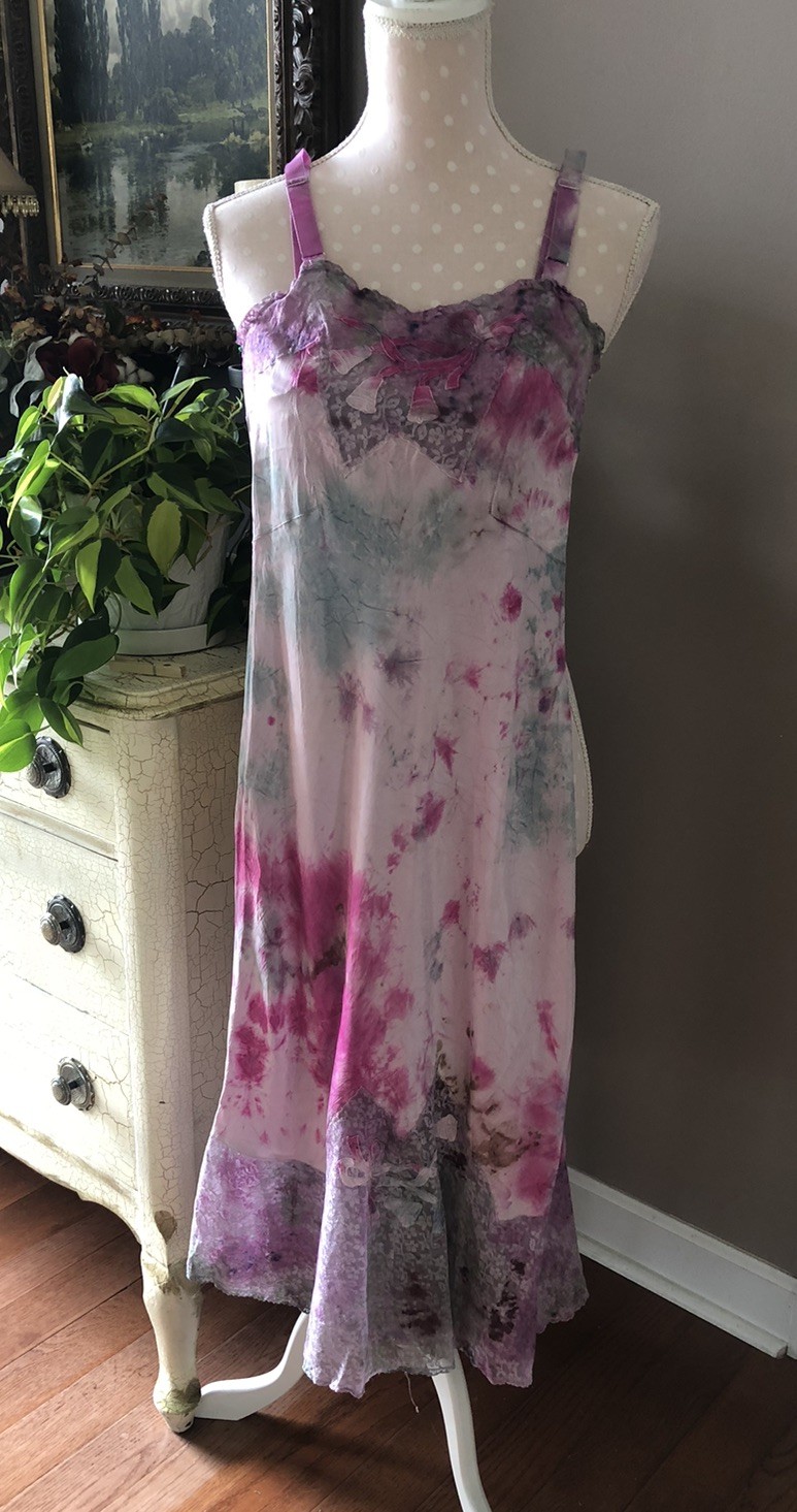 Vtg Nightgown Godfried Original Sleeveless Rayon Lace Tie Dyed Women’s 32