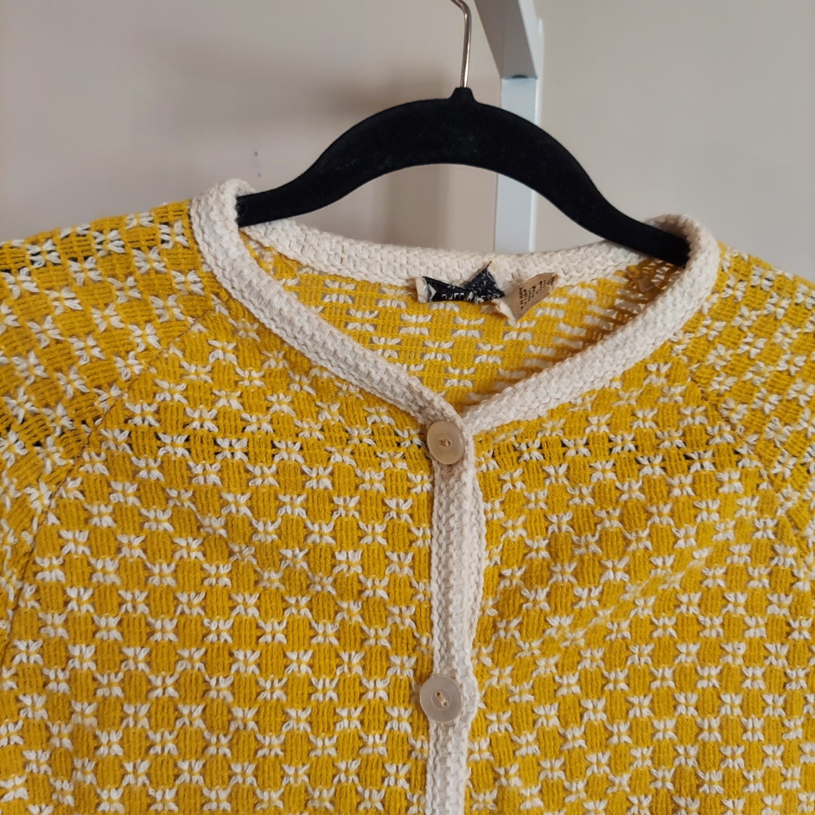 Vintage Crochet Fringe Poncho (stain) Yellow Cream Button Up Arm Holes Union