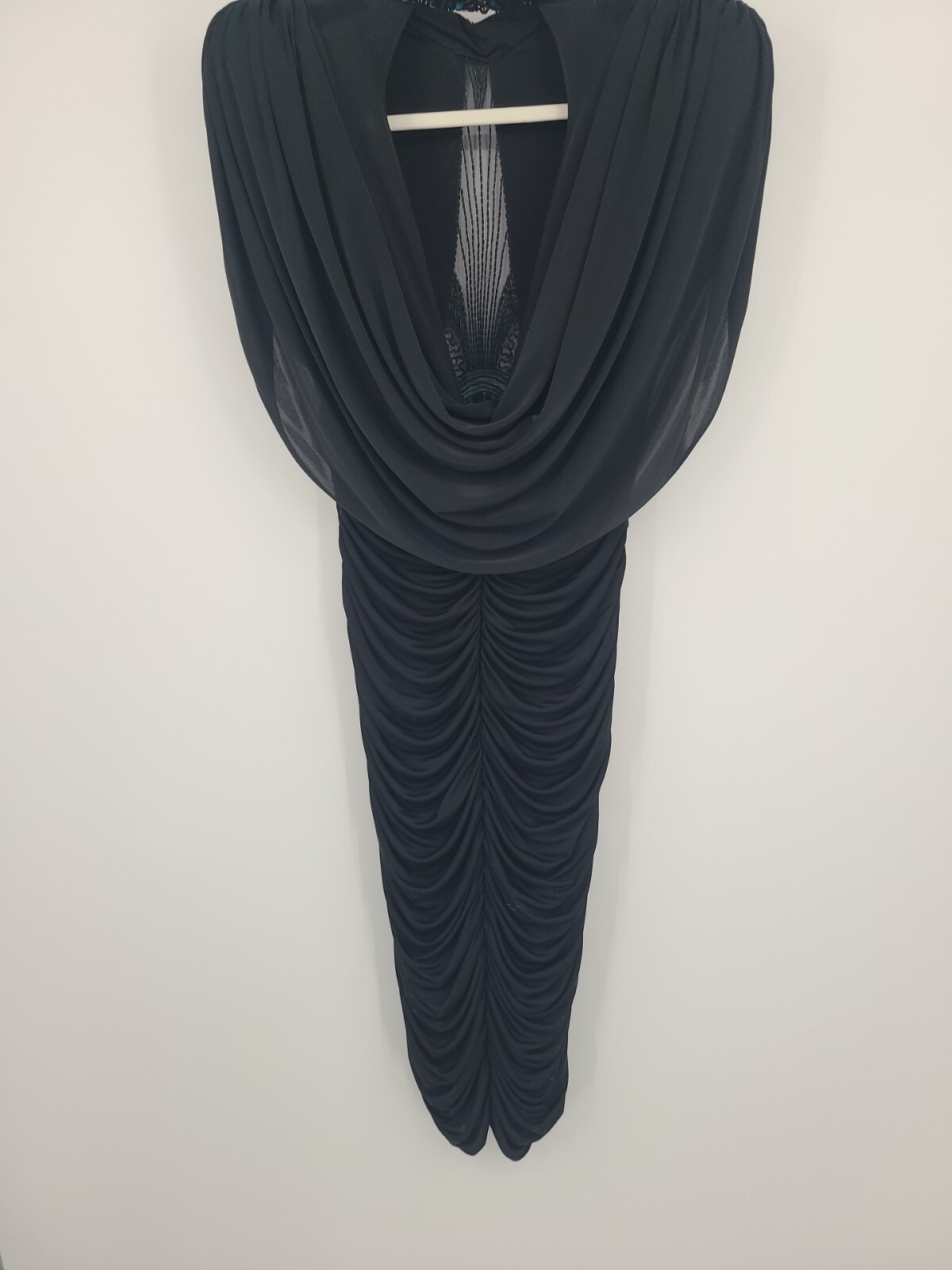 Vintage Eletra Casadei Black Curtain Draped Evening Gown Beaded, Sheer Bodice 10
