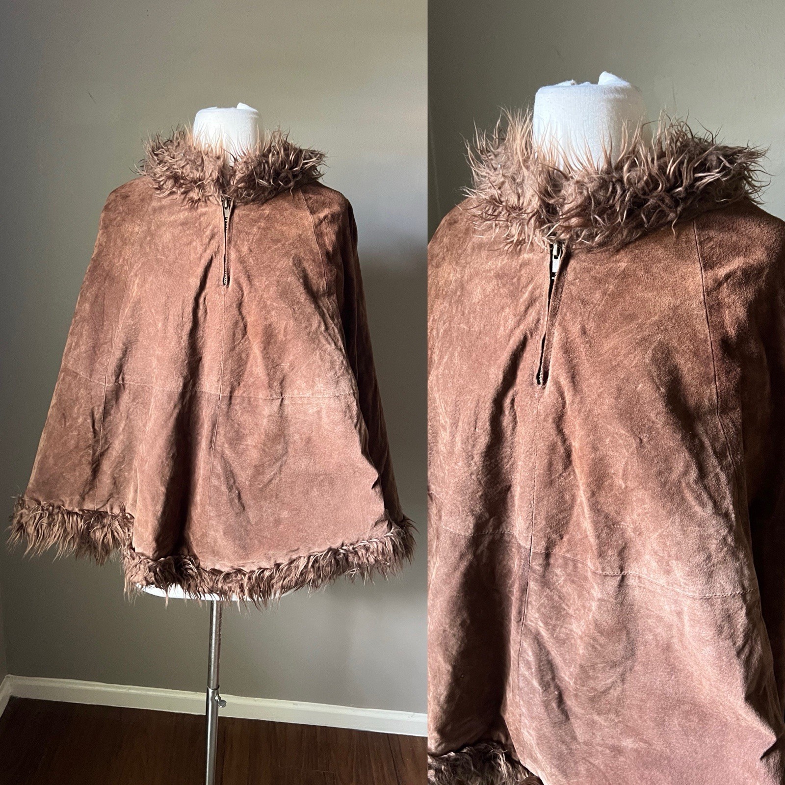 Vintage Suede Leather Poncho Fringe Brown Womens Boho Festival Western Y2K 90s