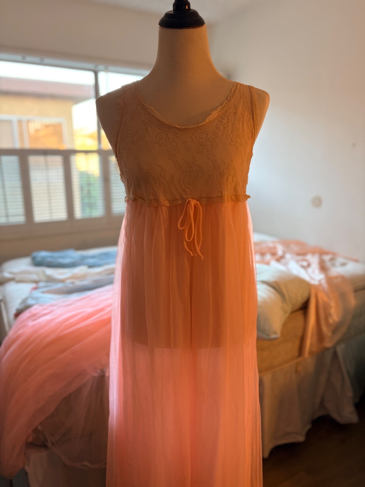 VTG 60s Aristocraft Pink Peignoir Set Sheer Chiffon Lace Nightgown Robe Small