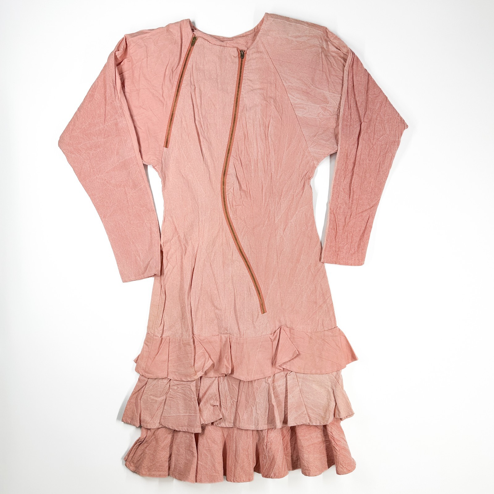 Vintage 80s 90s Asymmetrical Zipper Dress Ruffles Wash Artsy Designer Cotton