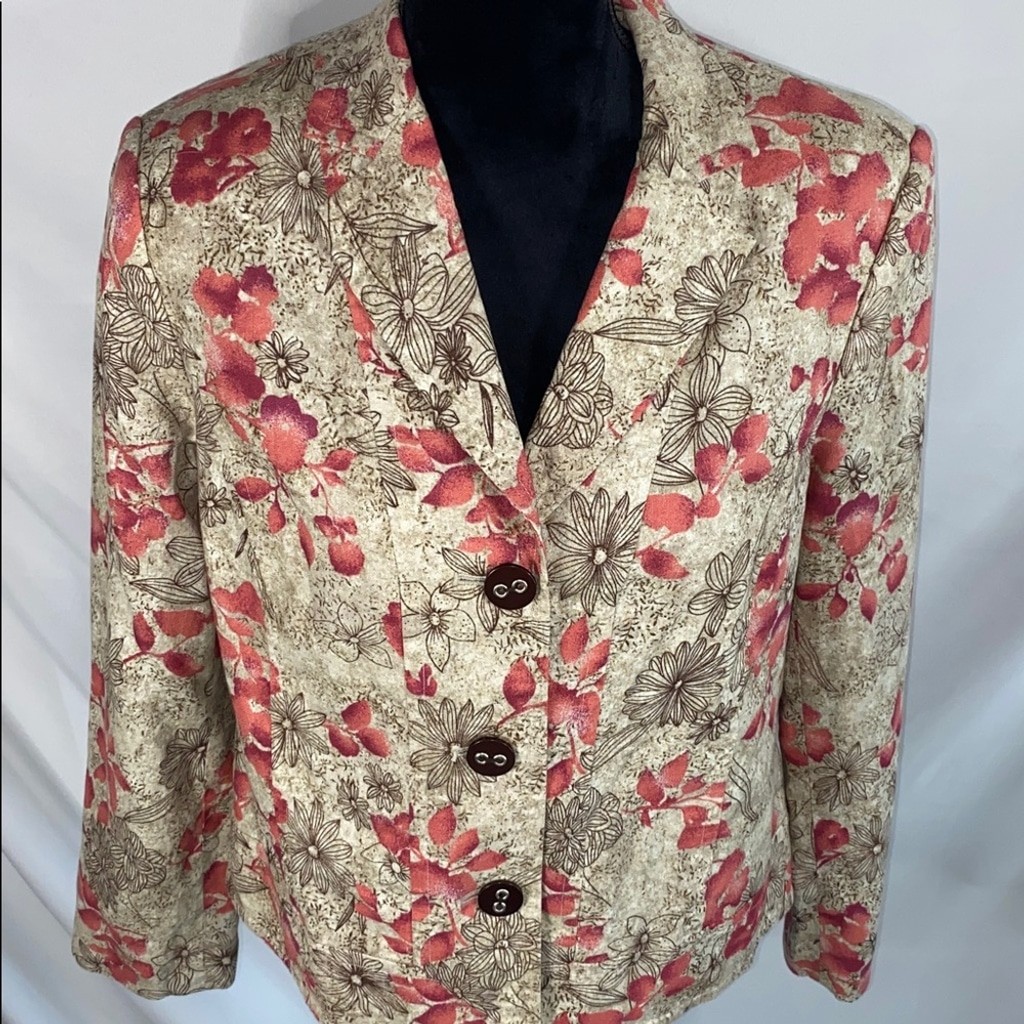 RQT Vintage Floral Blazer Jacket Womens Size 14 Linen Blend Tan Pink Boho Lined