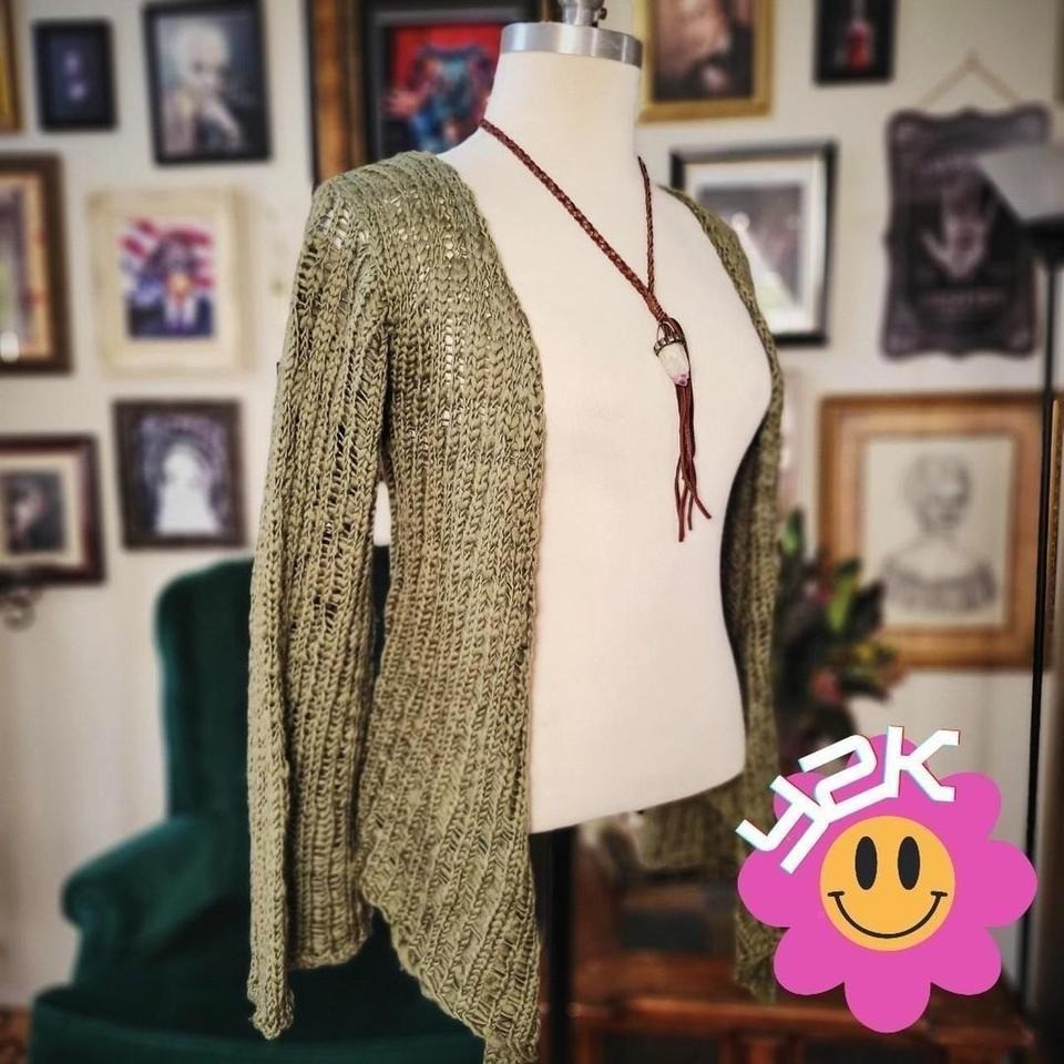 Gabriel S. Knit Cardigan Vintage Y2K Green Long Bell Sleeves Open Front Boho