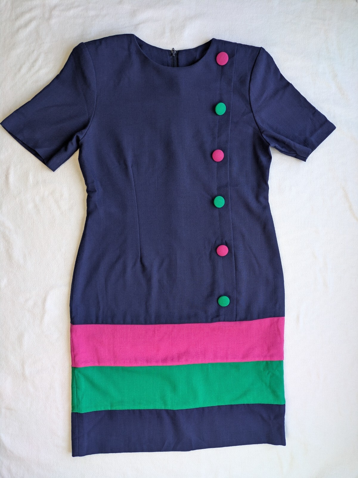 Womens Vintage Dress 80’s Navy Pink Green 4 Petite