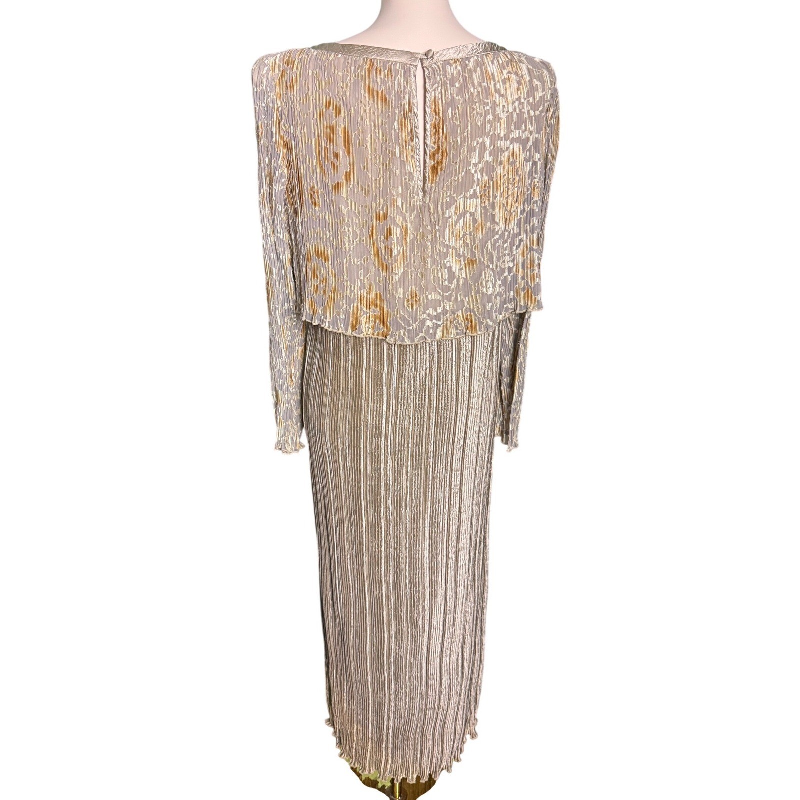 Jeanne Marc Vintage champagne Gold Burnout Micro Pleated Maxi Dress Size S 8/10