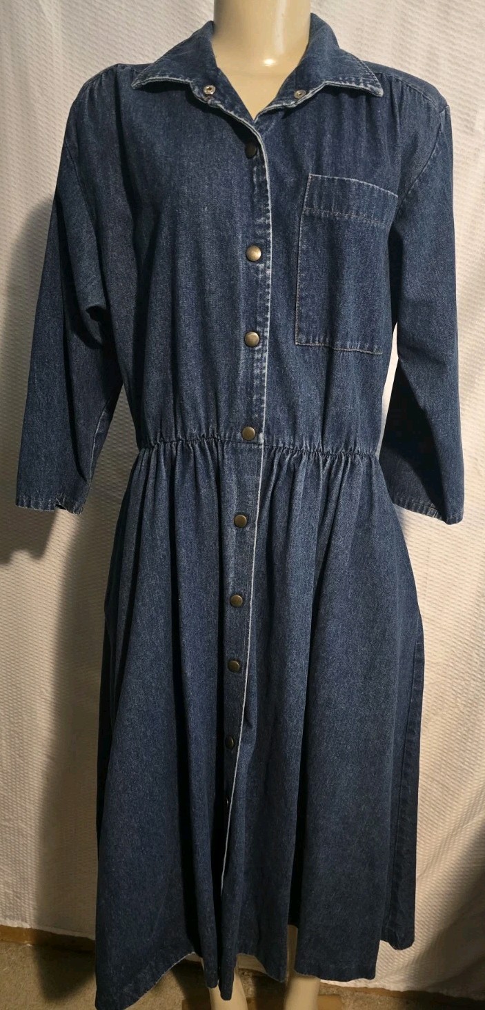 VTG 80s Long Denim Dress Western Style Snap Front 3/4 Sleeve Made USA Size M/L