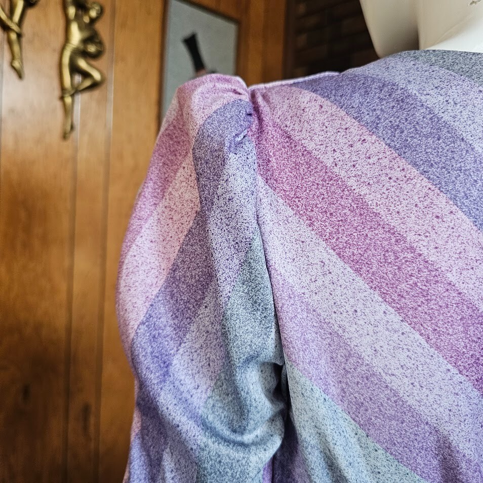Vtg 80s Puff Sleeve Preppy Disco Studio 54 Rainbow Striped Day Party Dress M/L