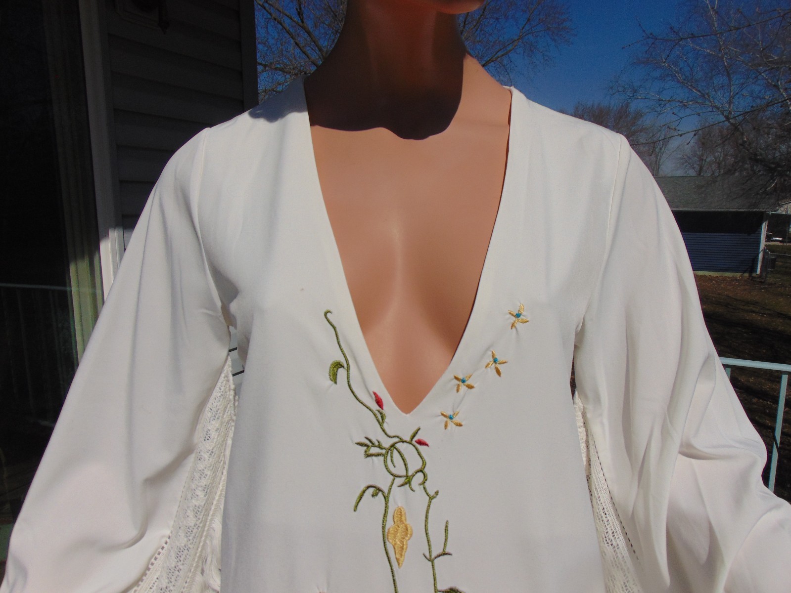 Vtg Rachel Welch Replica Iconic Embroidered Peacock Fringe Hippie Dress
