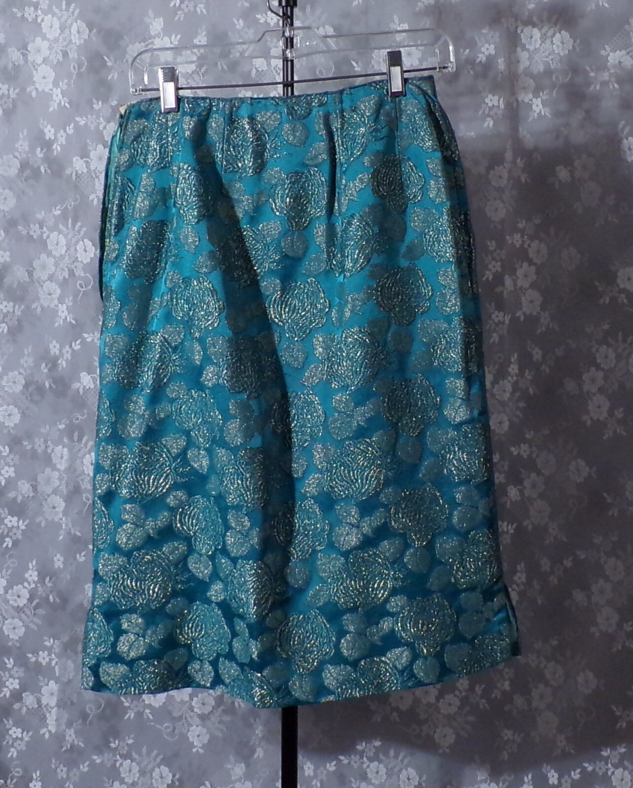 Vintage 60s Floral Skirt 1960s Turquoise & Gold Retro Elegant Feminine Cocktail