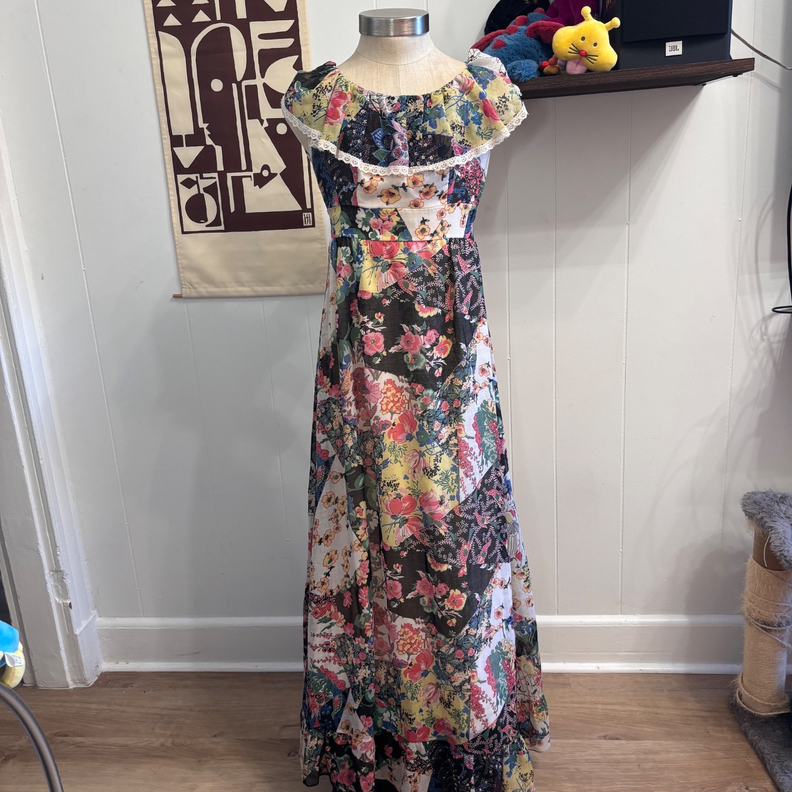 VNTG 1970s Misty Lane Patchwork Collared Patterned Maxi Prairie Dress Sz SX