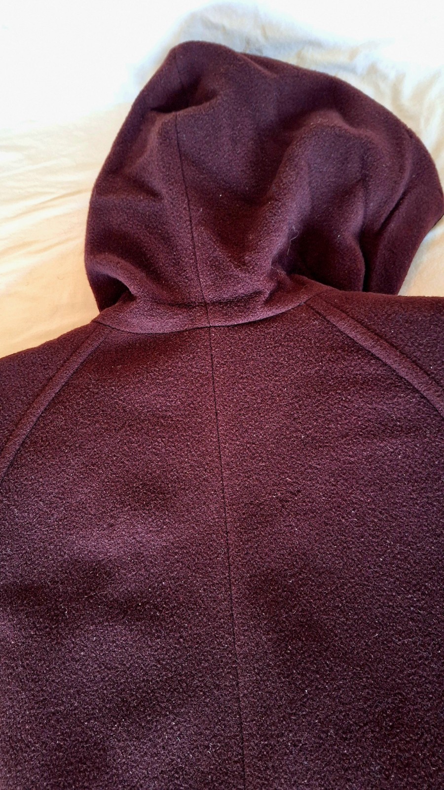 Halston Wool Hooded Coat In Chocolate Brown With Black Velvet Trim and Buttons.